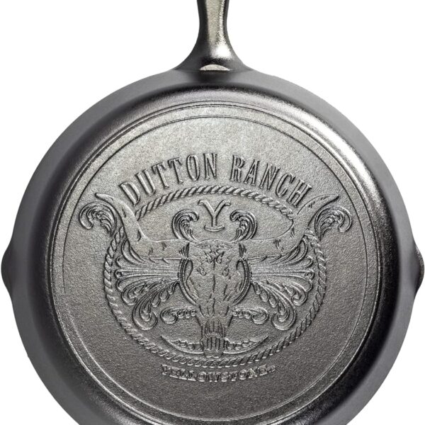 Lodge Pre-Seasoned Yellowstone Stamped Cast Iron Cookware - Signature Teardrop Handle - Use in the Oven, on the Stove, on the Grill, or Over a Campfire - 12 Inch Logo Skillet
