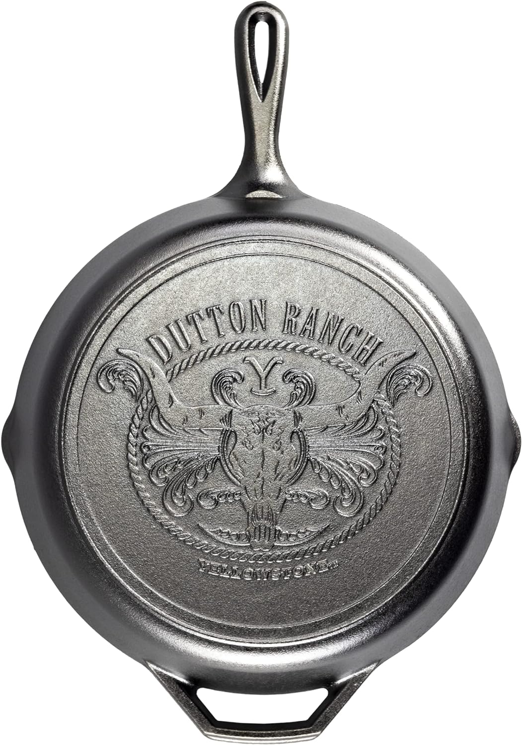 Lodge Pre-Seasoned Yellowstone Stamped Cast Iron Cookware - Signature Teardrop Handle - Use in the Oven, on the Stove, on the Grill, or Over a Campfire - 12 Inch Logo Skillet Lodge Pre-Seasoned Yellowstone Stamped Cast Iron Cookware - Signature Teardrop Handle - Use in the Oven, on the Stove, on the Grill, or Over a Campfire - 12 Inch Logo Skillet