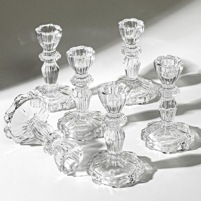 4.33" Tall Glass Candlestick Set of 6 Clear Crystal Candle Holders for Glass Taper Holder Decor for Wedding Birthday Party Christmas