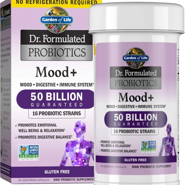 Garden of Life Dr. Formulated Probiotics Mood+ - 50 Billion CFU - Supports Relaxation & Digestive Health - Shelf Stable - 60 Vegetarian Capsules