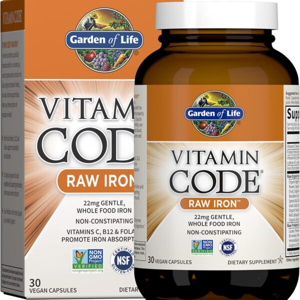 Garden of Life Vitamin Code Raw Iron Supplement - 30 Vegan Capsules, 22mg Once Daily Iron, Vitamins C, B12, Folate, Fruit, Veggies & Probiotics, Iron Supplements for Women, Energy & Anemia Support