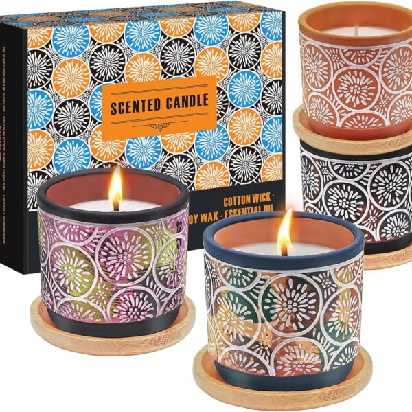 Scented Candles Gift Sets for Women, 4 Pack Natural Soy Candles for Home Scented, Burning up to 100H, Handmade Pottery Aromatherapy Jar Candle, Gift for Christmas, Birthday, Valentine's, Anniversary