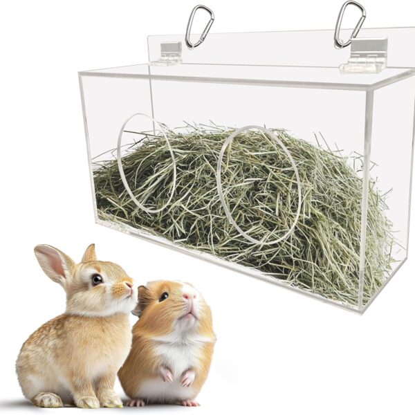 Xymoso Acrylic Rabbit Hay Feeder with Lid,Guinea Pig Hay Rack Holder Chinchilla Cage Accessories for Rabbits Guinea Pigs Bunny