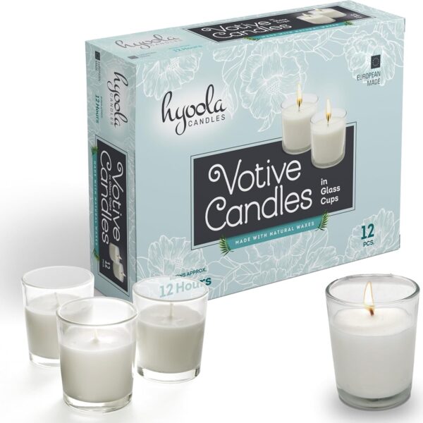 Hyoola White Votive Candles in Glass - Pack of 12 Votive Candle - 12 Hour Burn Time - Unscented Votive Candles - European Made Glass Votives