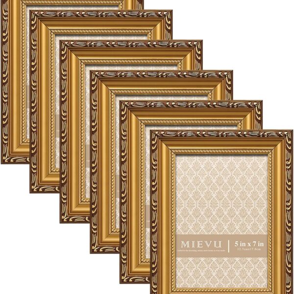 5x7 Picture Frame Gold Bulk - Pack of 6 Vintage Picture Frames And Tabletop Display, Ornate Photo Frame for Poster, 5x7 Gold Frames of 6