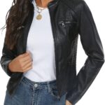 Fahsyee Black Faux Leather Jackets for Women Motorcycle PU Moto Biker Outwear Coat