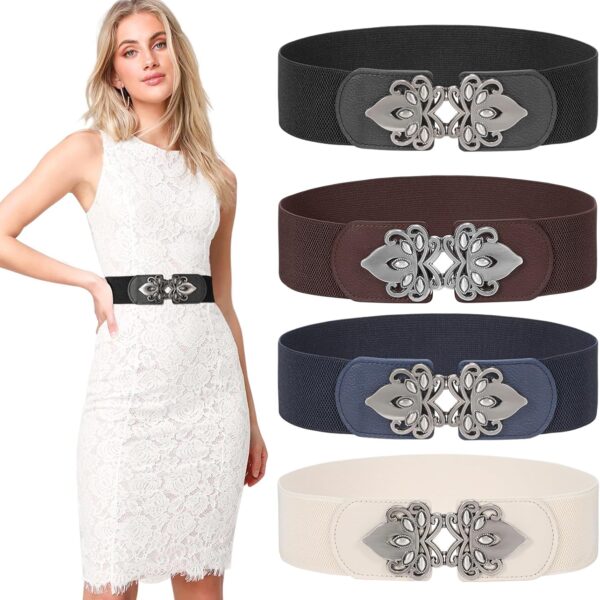 LEACOOLKEY 4 Pack Women Wide Elastic Waist Belt for Dress Plus Size Vintage Stretch Belt Retro Buckle 2.36" Width