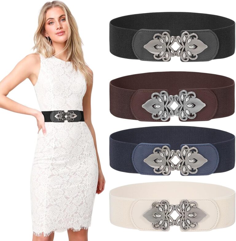 LEACOOLKEY 4 Pack Women Wide Elastic Waist Belt for Dress Plus Size Vintage Stretch Belt Retro Buckle 2.36" Width