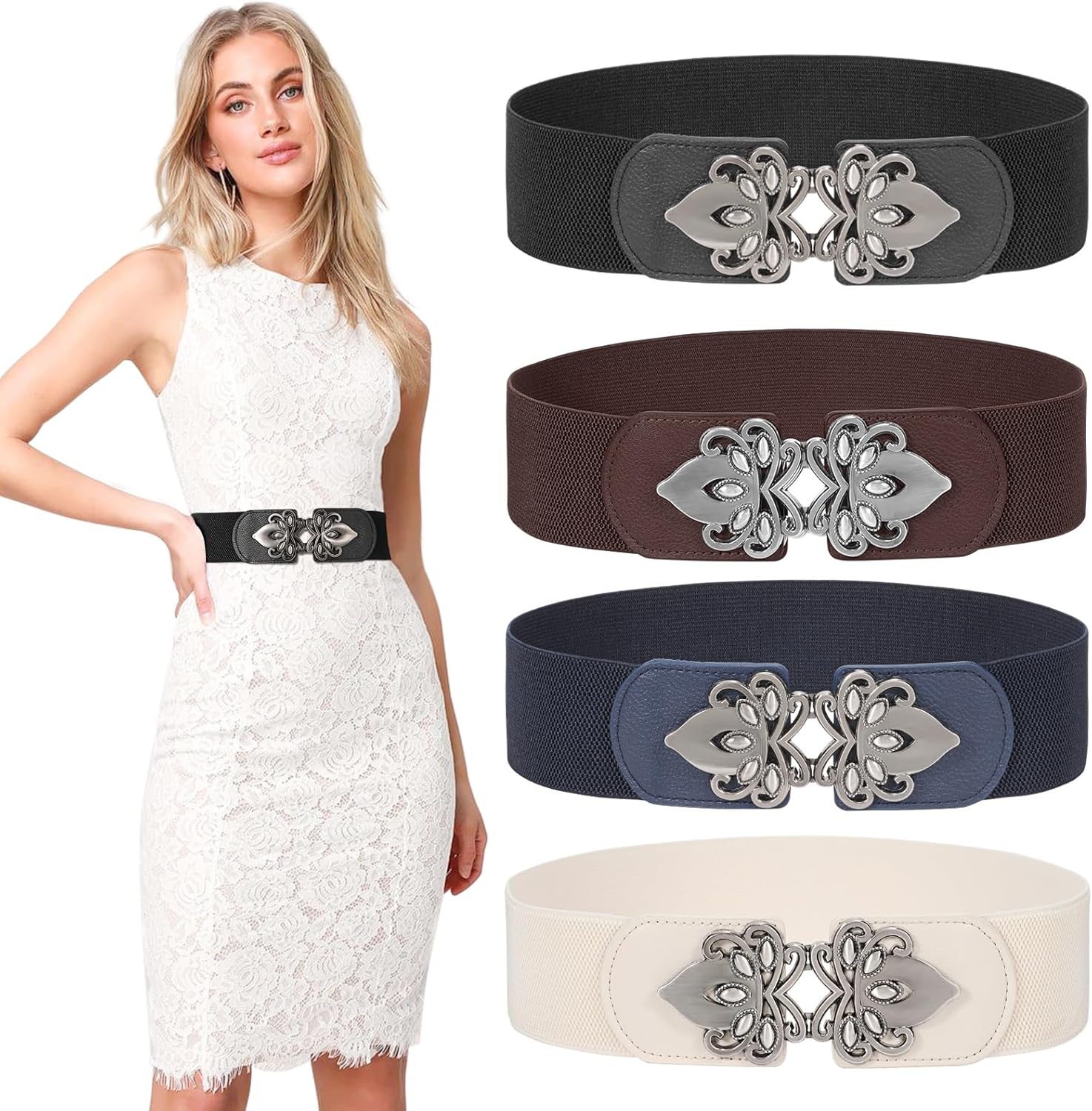 LEACOOLKEY 4 Pack Women Wide Elastic Waist Belt for Dress Plus Size Vintage Stretch Belt Retro Buckle 2.36" Width LEACOOLKEY 4 Pack Women Wide Elastic Waist Belt for Dress Plus Size Vintage Stretch Belt Retro Buckle 2.36" Width