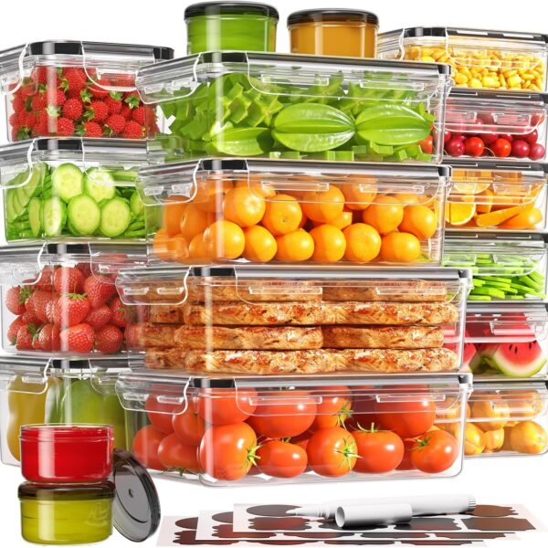KEMETHY 36-Piece Food Storage Containers with Lids(18 Container & 18 Lid), Plastic Food Containers for Pantry & Kitchen Storage and Organization, BPA-Free, Leak Proof, Reusable with Labels & Pen
