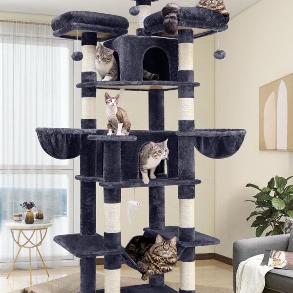 Globlazer Big Cat Tower for Indoor Cats, 80inch Cat Tower for Multiple Adult Cats XXL Cat Tree with Scratching Post, Hammock, 3 Perches, 2 Condos, 2 Hanging Basket, F80, Dark Grey