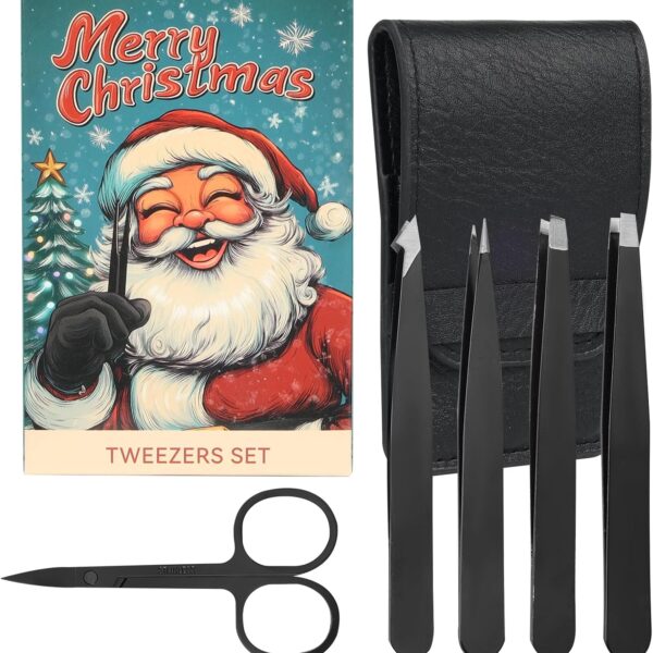 5-Pack Stainless Steel Tweezers Set for Women with Curved Scissors, Great Precision for Facial Hair Removal and Splinter Removal, Stocking Stuffer for Women