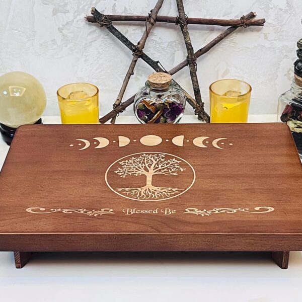 Altar Table, Meditation Table, Small Altar Table, Wooden Witch Altar, Wiccan Alter Table, Buddhist Shrine, Engraved Moon Phase and The Tree of Life on Table Top, 12 8 inches
