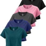 Real Essentials 5 Pack: Women's Dry-Fit Crop Top Short Sleeve Shirts Workout Gym Cropped Athletic Tee (Available in Plus)
