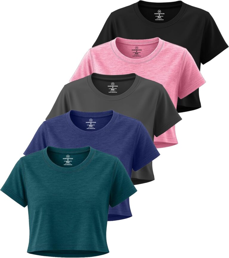 Real Essentials 5 Pack: Women's Dry-Fit Crop Top Short Sleeve Shirts Workout Gym Cropped Athletic Tee (Available in Plus)