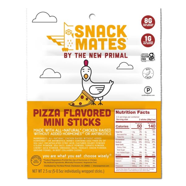 Snack Mates by The New Primal, Chicken Pizza Meat Stick, All Natural Chicken, High Protein and Low Sugar Kids Snack, Certified Paleo, Certified Gluten Free, Lunchbox Friendly, 0.5 oz, Pack of 5