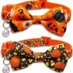 2 Pack Halloween Cat Collar with Bow Tie and Bell, Holiday Pumpkin Candy Corn Collar for Kitty Kitten Girls and Boys Cats