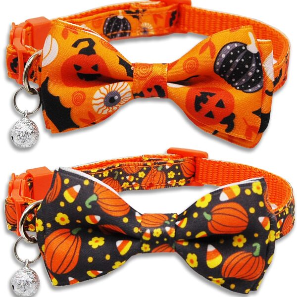 2 Pack Halloween Cat Collar with Bow Tie and Bell, Holiday Pumpkin Candy Corn Collar for Kitty Kitten Girls and Boys Cats