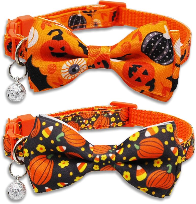 2 Pack Halloween Cat Collar with Bow Tie and Bell, Holiday Pumpkin Candy Corn Collar for Kitty Kitten Girls and Boys Cats
