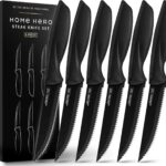 Home Hero Steak Knife Set - Nonstick Serrated Steak Knives - Stainless-Steel Kitchen Knife Set - Ergonomic TPR Handles for Precision Meat Carver - 6-Pc Set, Black