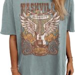 Oversized Rock Band T-Shirt Women Country Music Shirt Tops Nashville Music City Tshirt Vintage Guitar Wings Graphic Tees
