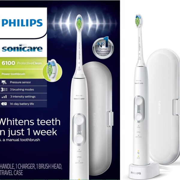 Philips Sonicare ProtectiveClean 6100 Rechargeable Electric Toothbrush, with Pressure Sensor, 3 Cleaning Modes, SmarTimer and QuadPacer, 14-Day Battery Life, Travel Case, White, Model HX6877/21