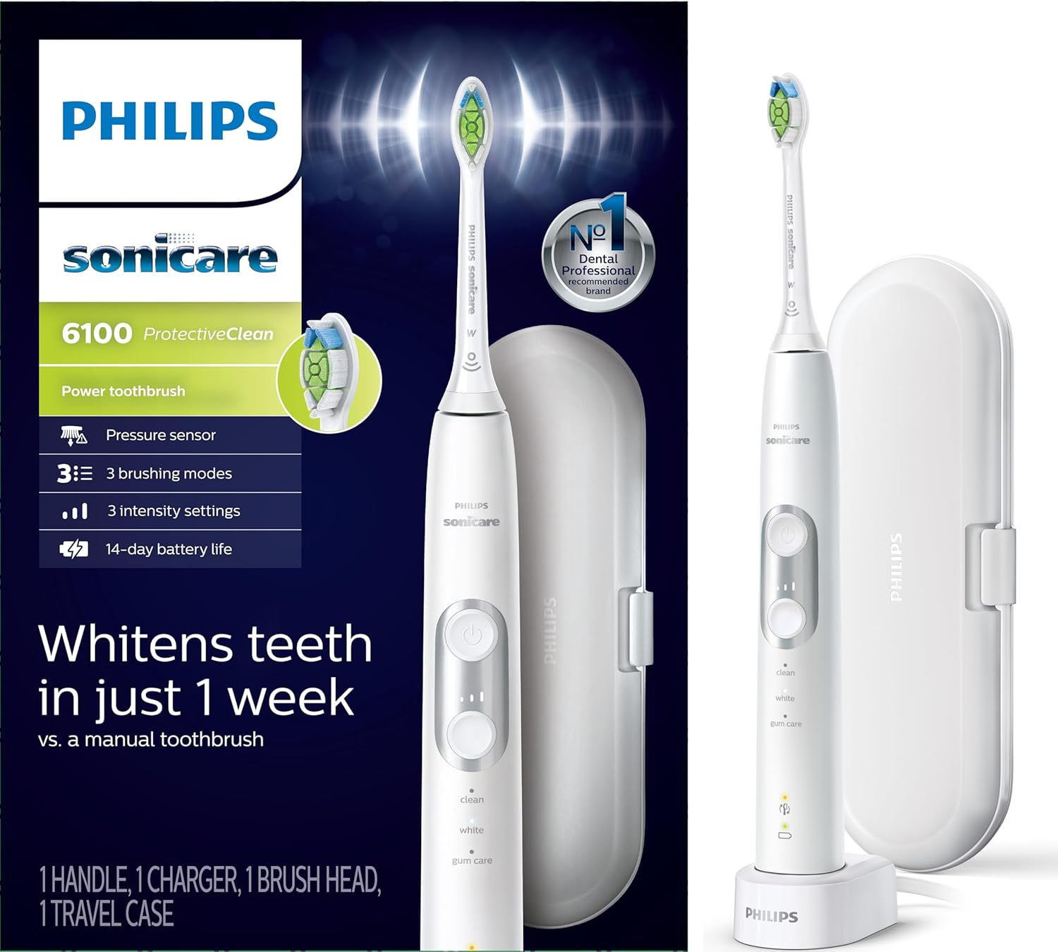 Philips Sonicare ProtectiveClean 6100 Rechargeable Electric Toothbrush, with Pressure Sensor, 3 Cleaning Modes, SmarTimer and QuadPacer, 14-Day Battery Life, Travel Case, White, Model HX6877/21 Philips Sonicare ProtectiveClean 6100 Rechargeable Electric Toothbrush, with Pressure Sensor, 3 Cleaning Modes, SmarTimer and QuadPacer, 14-Day Battery Life, Travel Case, White, Model HX6877/21