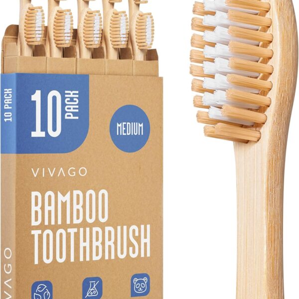 Bamboo Toothbrushes Medium Bristles 10 Pack - BPA Free Medium Bristles Toothbrushes for Adults - Eco-Friendly, Natural Wooden Toothbrush