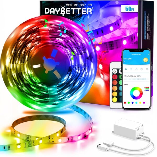 DAYBETTER Led Strip Lights Smart with App Control Remote, 5050 RGB for Bedroom, Music Sync Color Changing for Room Party 50ft