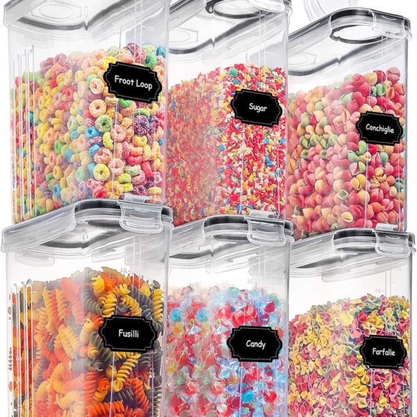 PRAKI Large Dry Food Storage Containers with Lids, 6PCS Airtight Cereal Containers Storage Set, Leak-proof Canister Set for Kitchen Pantry Organization with 20 Labels & Marker (4L Black)