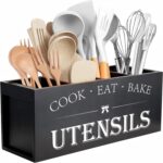 Suli Extra Large Kitchen Utensils Holder with 4 Compartments, Wooden Utensil Organizer for Kitchen Countertop, Farmhouse Kitchen Decor, Rustic Cooking Utensil - Black