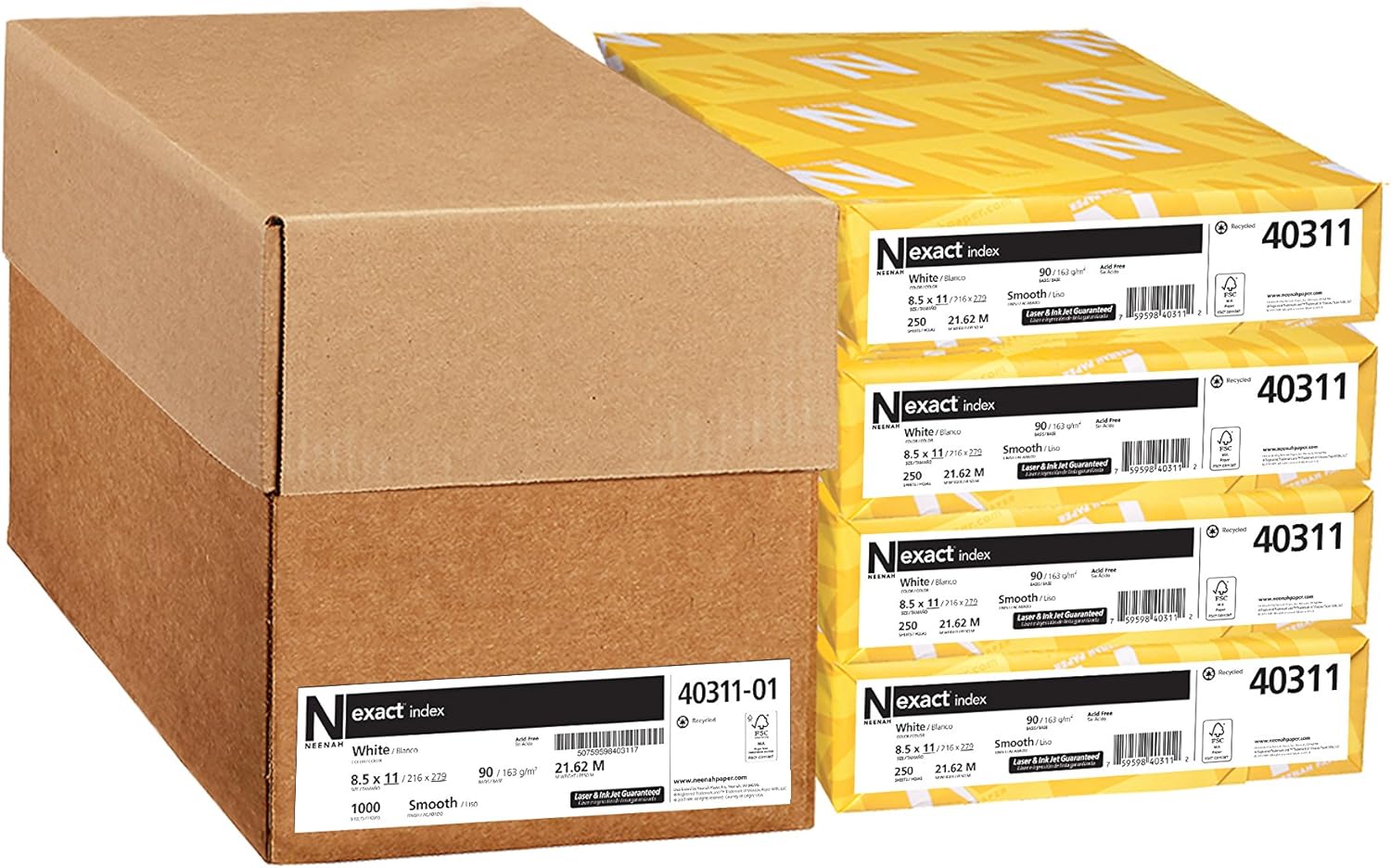 Cardstock, 94 Brightness, 90 lb /163 gsm, 1000 Sheets/Carton, 8.5" x 11", White - 40311-01, (Pack of 4) Cardstock, 94 Brightness, 90 lb /163 gsm, 1000 Sheets/Carton, 8.5" x 11", White - 40311-01, (Pack of 4)