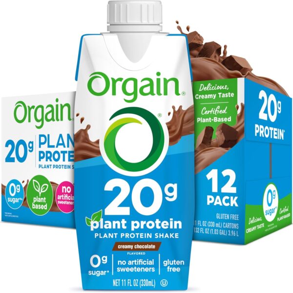 Orgain Organic Vegan Protein Shake, Creamy Chocolate - 20g Plant Based Protein, Ready to Drink, Fruits & Vegetables, Gluten Free, Kosher, No Soy or Dairy Ingredients, 11 Fl Oz (Pack of 12)