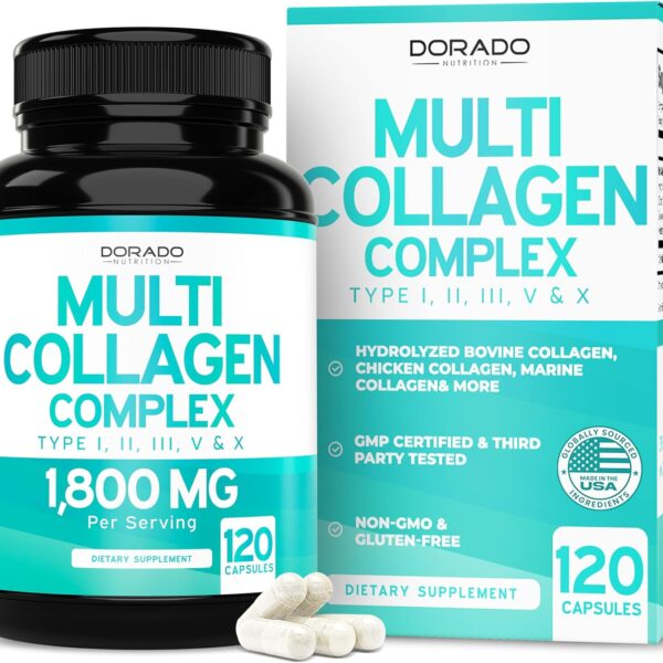 Multi Collagen Pills for Women & Men (120 Capsules) Type I, II, III, V and X - Pure Hydrolyzed Collagen Peptides Supplement - Hair, Skin, Nails & Joint Support - 3rd Party Tested, Non GMO & USA Made