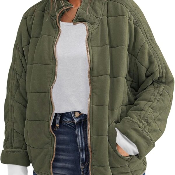 Womens Dolman Quilted Lightweight Jackets Full-zip Stand Collar Loose Warm Winter Outwears with Pockets