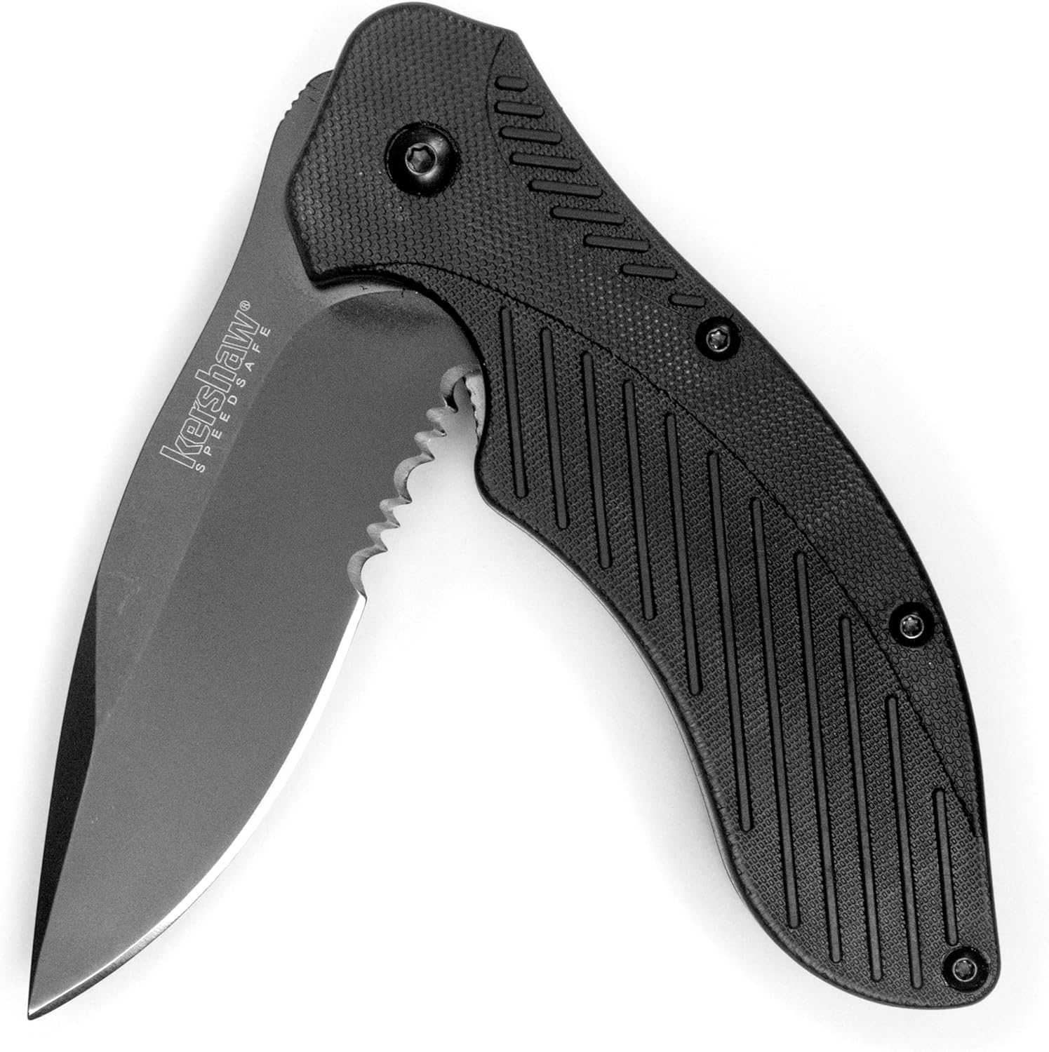 Kershaw Clash Black Serrated Pocketknife, 3" 8Cr13MoV Steel Drop Point Blade, Assisted One-Handed Flipper Opening, Folding Utility EDC Kershaw Clash Black Serrated Pocketknife, 3" 8Cr13MoV Steel Drop Point Blade, Assisted One-Handed Flipper Opening, Folding Utility EDC