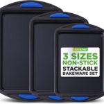 NutriChef 3-Piece Nonstick Cookie Sheet Tray Set - Baking Pans with Blue Silicone Handles, Stackable Design, Easy to Clean, Small, Medium, Large Carbon Steel Cookie Pans, Oven Safe to 446F