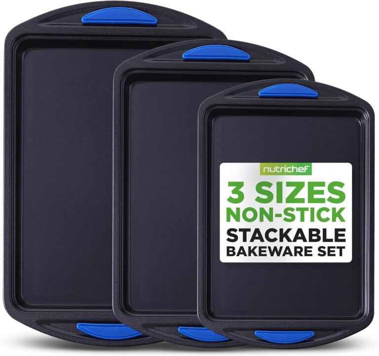 NutriChef 3-Piece Nonstick Cookie Sheet Tray Set - Baking Pans with Blue Silicone Handles, Stackable Design, Easy to Clean, Small, Medium, Large Carbon Steel Cookie Pans, Oven Safe to 446F