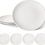 LE TAUCI 10 Inch Ceramic Dinner Plates Set of 4, Large Embossed Plate Set for Kitchen, Microwave & Dishwasher Safe Dinnerware Sets, Modern White Serving Dishes for Pasta, Steak - Arctic White