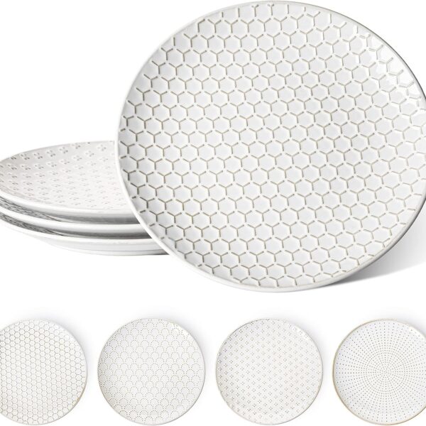 LE TAUCI 10 Inch Ceramic Dinner Plates Set of 4, Large Embossed Plate Set for Kitchen, Microwave & Dishwasher Safe Dinnerware Sets, Modern White Serving Dishes for Pasta, Steak - Arctic White