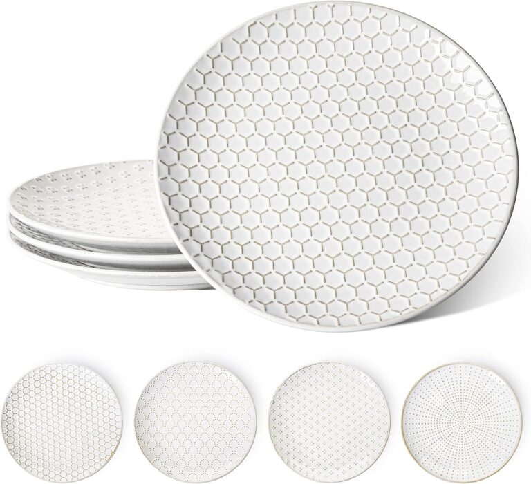 LE TAUCI 10 Inch Ceramic Dinner Plates Set of 4, Large Embossed Plate Set for Kitchen, Microwave & Dishwasher Safe Dinnerware Sets, Modern White Serving Dishes for Pasta, Steak - Arctic White