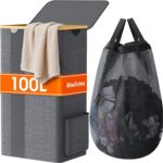 BlissTotes Laundry Basket with Lid, 100L Clothes Laundry Hamper with Handles and Removable Laundry Bag, Breathable Design Hamper with Lid for Bedroom, Bathroom, Dorm, Laundry Room - Light Grey