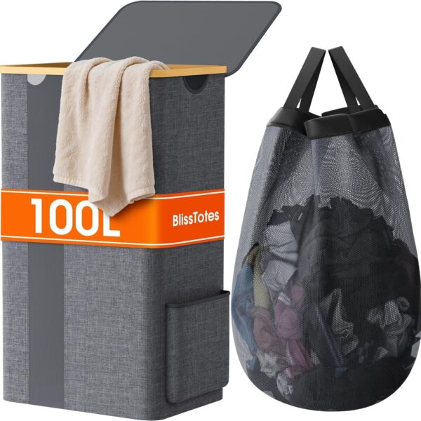 BlissTotes Laundry Basket with Lid, 100L Clothes Laundry Hamper with Handles and Removable Laundry Bag, Breathable Design Hamper with Lid for Bedroom, Bathroom, Dorm, Laundry Room - Light Grey