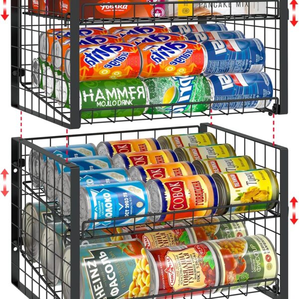 JKsmart 2-Tier Stackable Can Rack Organizer for Pantry, Adjustable Can Dispenser Holds Up to 60 Cans, Can Storage Holder for Various Ounces of Canned Food Soda Drinks, Black, 2 Pack
