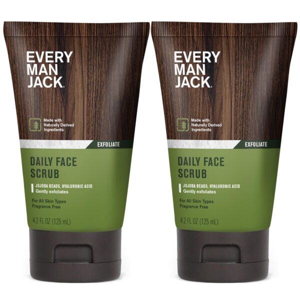Every Man Jack Gentle Exfoliating Face Scrub For Men- Exfoliate Away Dead Skin, Moisturize, and Revive Tired Skin with Jojoba Beads, Hyaluronic Acid, and Caffeine - 4.2 oz Mens Face Scrub -Twin Pack