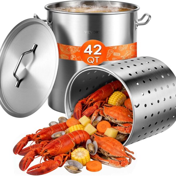 VEVOR Stainless Steel Stockpot, 42 Quart Large Cooking Pots, Cookware Sauce Pot with Strainer, Lid, and Handle, Heavy Duty Commercial Grade Stock Pot, Sanding Treatment, for Large Groups Events Silver