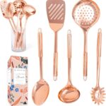 Copper Cooking Utensils Set  5-Piece Rose Gold Stainless Steel Kitchen Tools for Cooking and Serving Includes Ladle, Spoon, Pasta Fork, Spatula, and Skimmer  Stylish Copper Kitchen Accessories