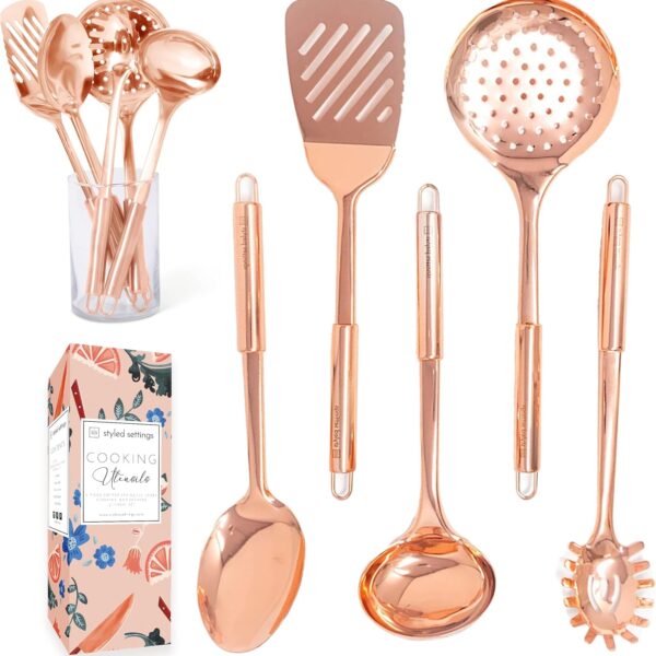 Copper Cooking Utensils Set  5-Piece Rose Gold Stainless Steel Kitchen Tools for Cooking and Serving Includes Ladle, Spoon, Pasta Fork, Spatula, and Skimmer  Stylish Copper Kitchen Accessories