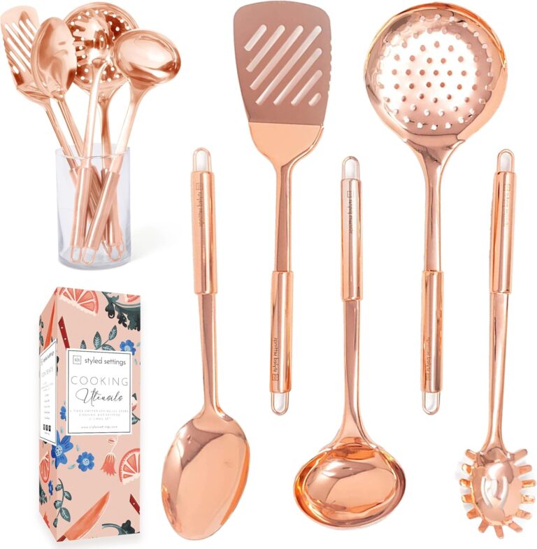 Copper Cooking Utensils Set  5-Piece Rose Gold Stainless Steel Kitchen Tools for Cooking and Serving Includes Ladle, Spoon, Pasta Fork, Spatula, and Skimmer  Stylish Copper Kitchen Accessories