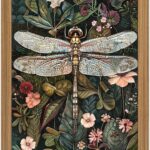Framed Vintage 3D Textured Wall Art - Dark Green Dragonfly Flowers Wall Decor - Hand Drawn Sandstone Nature Botanical Pictures for Living Room Bedroom Home Decor 12x16in
